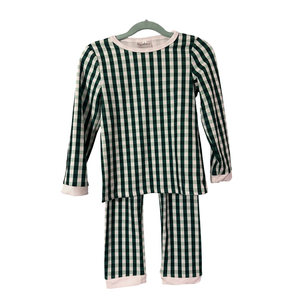 Sugar Bee‎ Kids Green White Gingham Long Sleeve Pajama Set Size 5 Soft Holiday
